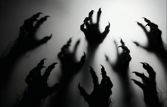 Scary Monster Hands Pressing Against Frosted Glass Silhouette