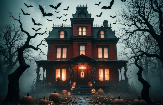 Spooky Haunted House at Night with Bats and Glowing Windows for Halloween