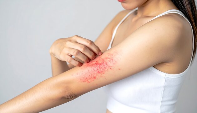 Woman scratching her forearm with visible red allergic rash, sensitive skin irritation, close-up, natural skin texture