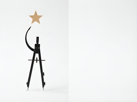 Minimalist conceptual art featuring a vintage drafting compass reaching for a golden star against a clean white background symbolic of creative success