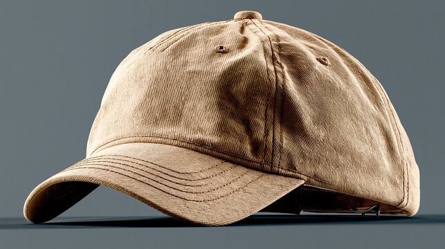 A beige corduroy baseball cap with a curved brim and adjustable strap against a grey background.