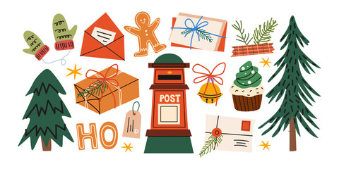 Obraz premium Cozy winter Christmas mail and holiday gifts vector illustration set. Hand drawn festive collection with mailbox, envelopes, gingerbread man, gifts and pine trees