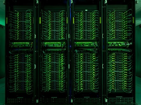 A server room with multiple racks filled with blinking lights and cables, illuminated by a green glow. This data center hums with the power of modern technology