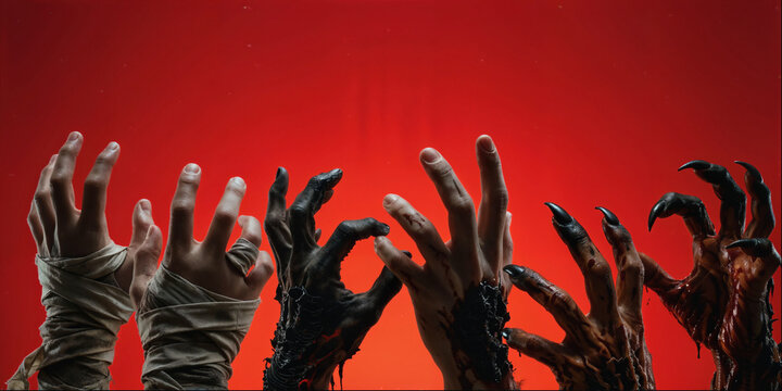 Group of Zombie and Monster Hands Reaching Up Against a Red Background