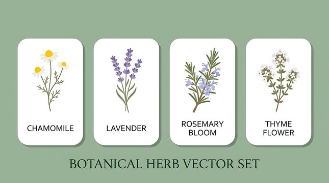 Botanical herb vector set with hand-drawn illustrations of chamomile lavender rosemary and thyme perfect for natural product branding health and wellness designs