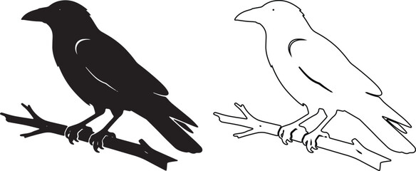 Obraz premium Black raven silhouette and line art vector set, crow perched on a branch illustration, dark gothic bird icons for halloween and nature design isolated on Transparent Background