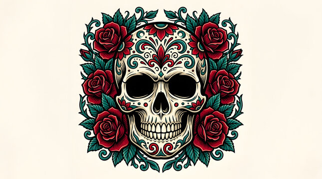 Skull and Crossbones on Red Background Gothic Halloween Horror Symbol Vector Illustration for Death, Danger, Tattoo, Grunge and Dark Skeleton Design