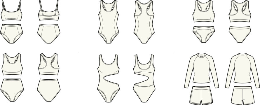 Swimwear fashion sketch vector illustration showing athletic bikini styles, rash guard, and one-piece designs with front and back views.