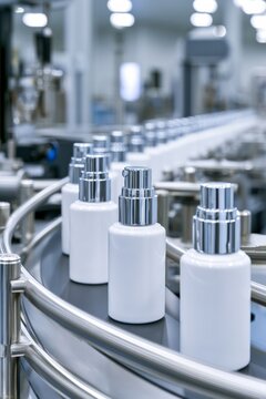 Cosmetics bottles moving along production line conveyor belt,  vertical