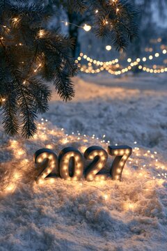 Illuminated 2027 numbers on snow with festive lights,  vertical