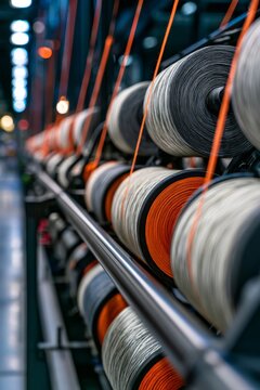 Textile factory producing yarn on industrial spinning machine, vertical