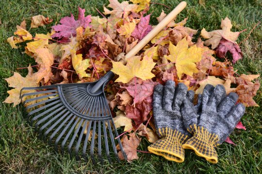 Raking autumn leaves in a green yard