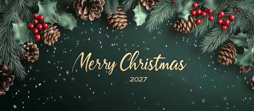 Merry christmas 2027 greeting with pine cones and holly, banner