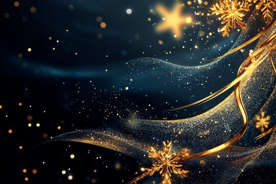 Golden glitter particles flowing on dark blue background