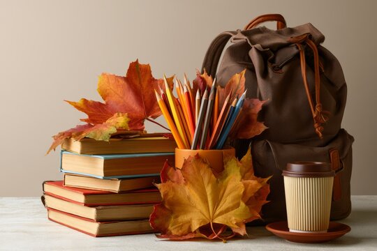 Back to school concept with books and autumn leaves