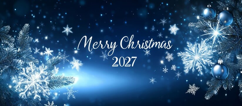 Merry christmas 2027 holiday greeting with snowflakes and baubles, banner