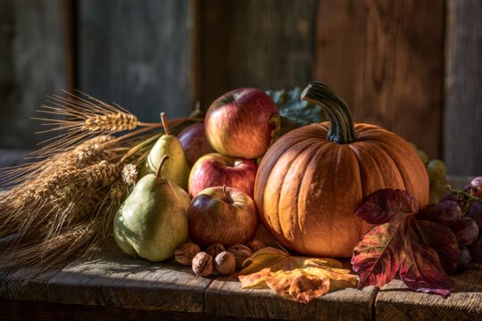 Autumn harvest still life with pumpkin, apples, pears, wheat