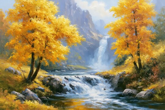 Autumn waterfall flowing through golden forest landscape painting