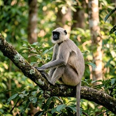 Fototapeta premium Common Langur Sitting in Forest Tree