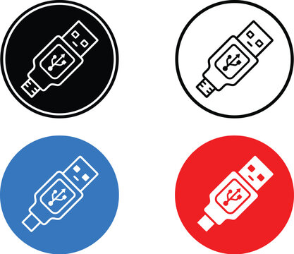 Set of four usb cable connector icons with different styles and colors on a simple circular background