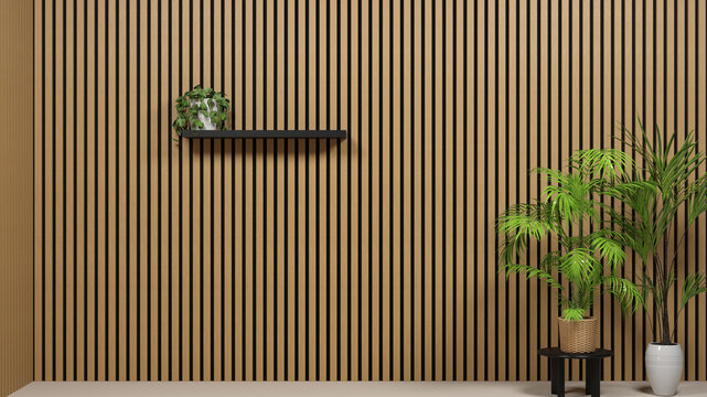 Modern Studio Background with Wood Slats Wall and Tropical Plants for Video Overlay