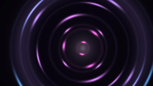 Abstract circular tunnel background features glowing purple neon rings radiating outward into a dark digital space with smooth metallic textures and vibrant lighting effects.