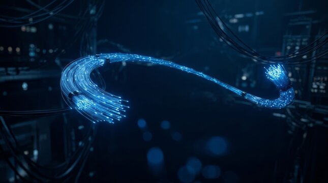 A close up digital art of a glowing fiber optic cable arching gracefully through a dark server room filled with intricate cables and blue ambient lighting creating a futuristic mood