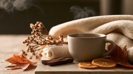Fototapeta premium Cozy autumn still life with warm cup of tea, dry orange slices, cinnamon sticks and soft blanket