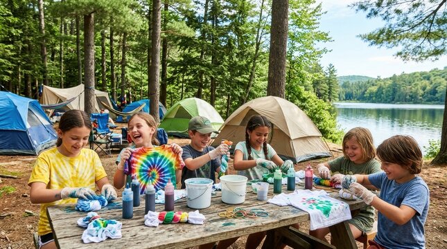 Hands of creative children crafting Children doing tie-dye craft pro at outdoor workshop table with natural woodland elements