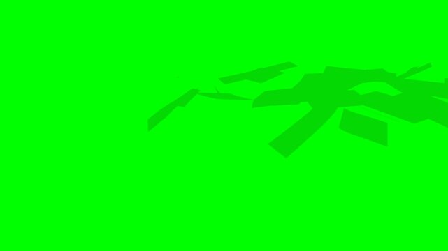 A 3D greenscreen animation of a stylized Bangladesh Bangladeshi Taka money stack completely breaking apart into flying banknotes. The BDT notes rise through the air before falling like money rain, col