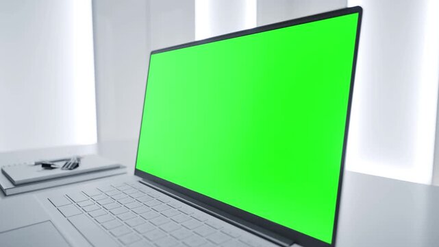 Laptop with Green Screen on White Desk in Modern Clean Tech Lab Interior