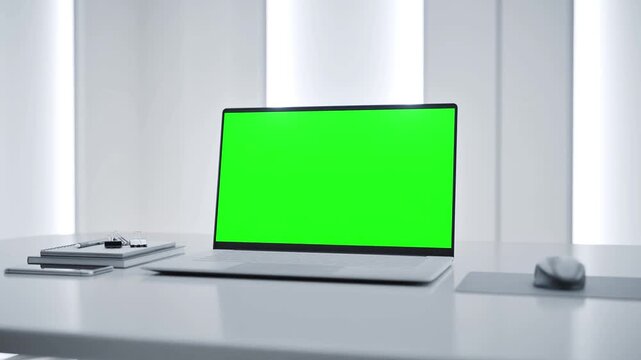 Laptop with Green Screen on White Desk in Modern Clean Tech Lab Interior