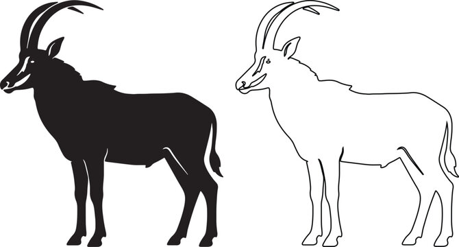 Sable antelope vector silhouette and line art set, wild african animal icons, black and white horned gazelle illustrations for logo design isolated on Transparent Background