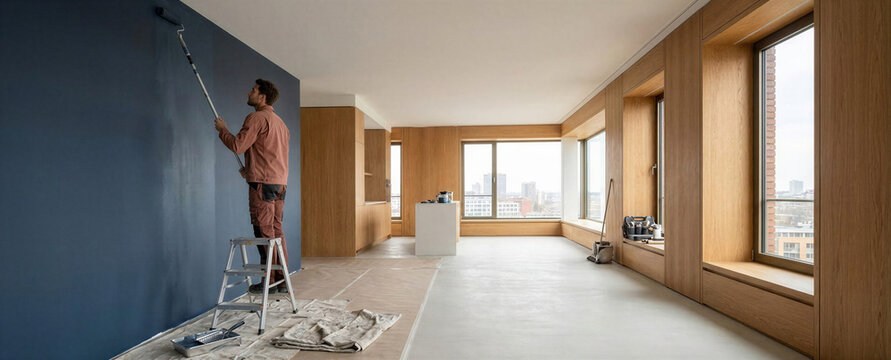 Worker painting dark blue wall with a roller. Interior renovation creates a modern and refined home atmosphere