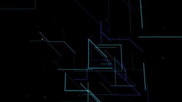 Blue cyan geometric circuit lines moving on black background