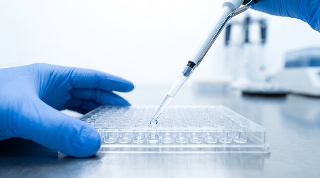 Scientist In Blue Gloves Pipetting Liquid Into A Multi-Well Plate For Laboratory Research