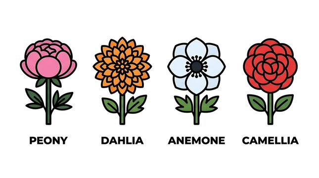 Set of colorful flower icons featuring peony dahlia anemone and camellia designed in a minimalist flat vector style for botanical themes and web elements