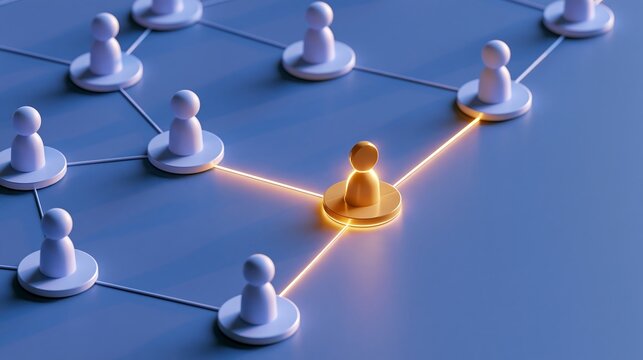 Minimalist golden figure standing out among blue network pawns connected by glowing lines