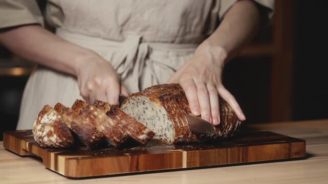 Close-up of baker in rustic linen apron slicing freshly baked artisan sourdough bread with knife on wooden cutting board. Homemade crusty loaf for breakfast, bakery promos, and healthy food concepts.