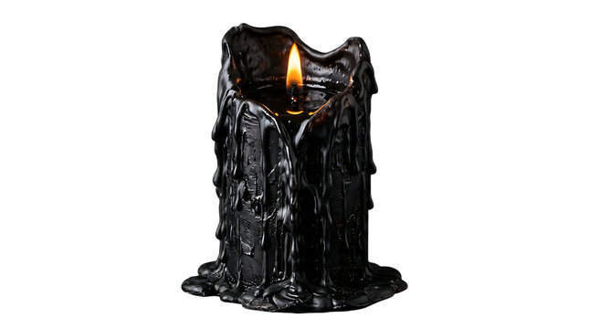 Black candle isolated on transparent background, burning Halloween gothic wax pillar cutout
