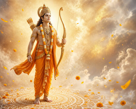 Divine golden 3D portrait of Lord Ram for Diwali, Dussehra, and Indian festival greeting card design concepts