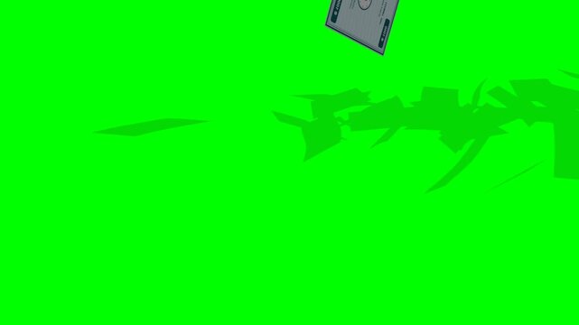 A 3D greenscreen animation of a stylized Ukraine Ukrainian Hryvnia money stack completely breaking apart into flying banknotes. The UAH notes rise through the air before falling like money rain, colli