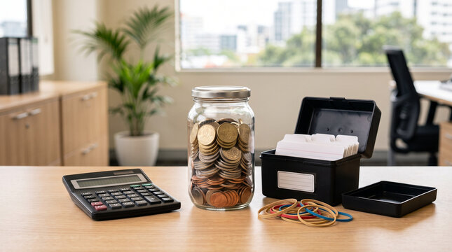 Jar of sorted coins on office desk