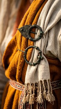 Ancient Bronze Fibula Brooches Fastening Draped Chiton Peplos Fabric Folds, Historical Greek Garment Detail Close-Up