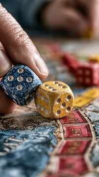 A hand rolls stone dice on a vintage board game background.