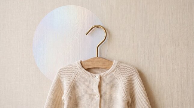 Soft cream knit baby cardigan hanging on minimalist wall hook with circular decorative element