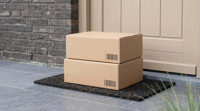 Delivery package at doorstep supports ecommerce fulfillment outside residential entrance. Logistic shipping shipment distribution. courier parcel service, client home order purchase convenience