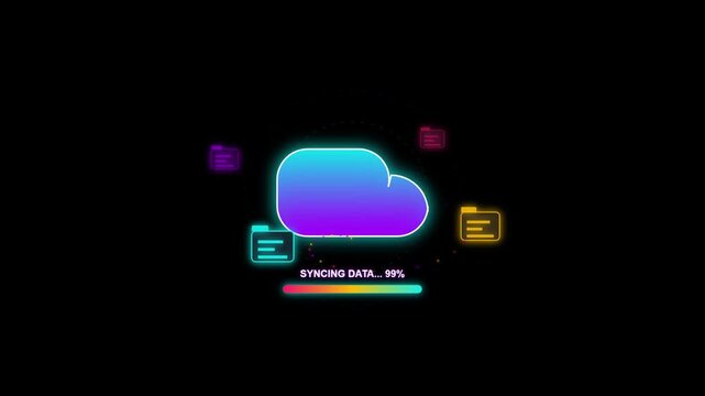 Cloud computing data sync animation, neon glowing cloud icon with loading bar, digital file storage and backup concept on black background