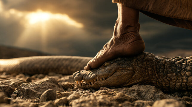 Biblical prophecy concept of Genesis 3:15, bare foot crushing the head of a reptilian serpent under dramatic golden sunlight