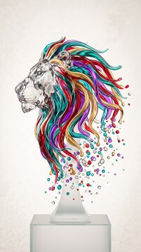 Colorful Abstract Lion Portrait with Flowing Multicolor Mane